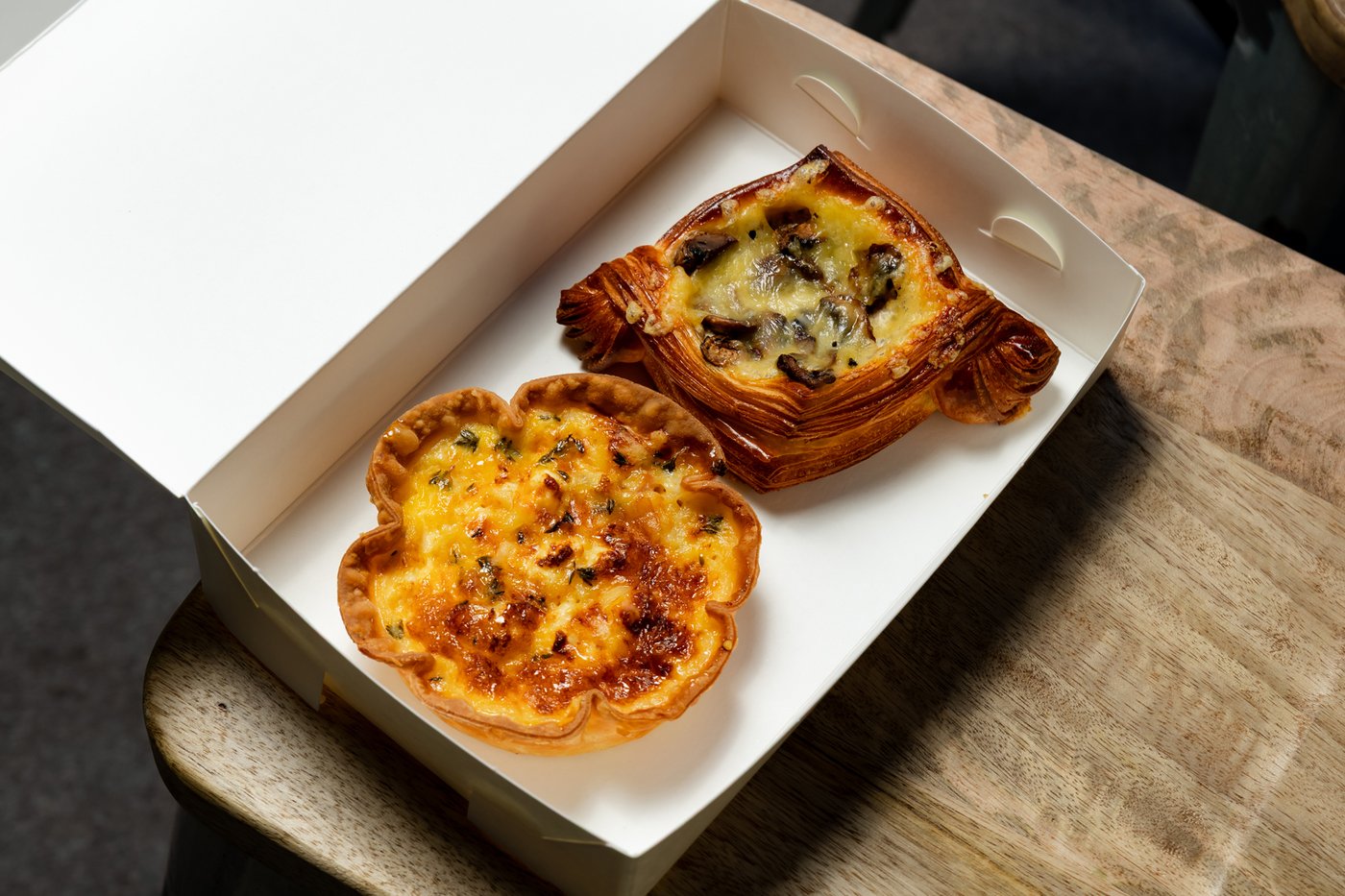 Savoury tarts boxed to go